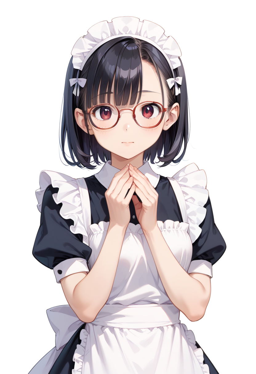 score_9, score_8_up, score_7_up, rating_safe, masterpiece, best quality, absurdres, unity 8k wallpaper, official art, official style, source_anime, uncensored, game cg, megami magazine,
1girl, solo, black hair, medium hair, upper body, covered eyes,maid, maid headdress, black dress, maid apron,
g-boston19A, glasses, simple background, white background, red-framed eyewear, upper body, face focus,
<lora:glasses_boston19A_PONY_V1:1>