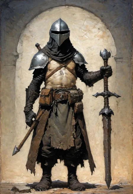 videogame art of (ragged, human barbarian, brigand, holding a giant metal mace, wearing leather tunic, metal plates and cloth shaped helmet, sewn together), praetorian, warhammer, gothic, legion, by Jean-Baptiste Monge and Nicola Samori,