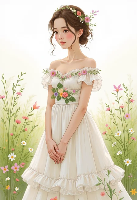 A wistful watercolor anime style portrait of a young woman, Showcasing a romantic, floor-length gown with layers of ruffled tulle and delicate floral appliqué, a gentle smile, serene expression, ethereal atmosphere, meadow background