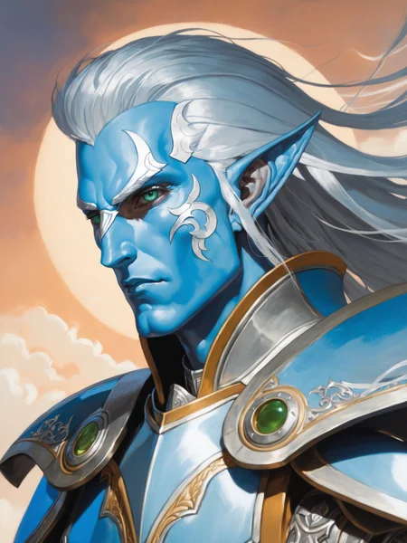 masterpiece, best quality, greg rutkowski,
Dungeons and Dragons Air Genasi, Paladin, Portrait from Waistline to Top of Head, Male with Wispy Grey Hair with Baby Blue Highlights, male, pointy Ears, Long Length Male Hair, Heterochromia Grey Eye and Green Eye, Storm in Background, Sharp Image Detail, Light Blue and Silver Armor, (Colored Skin, Blue Skin:1.2)
, very detailed, high resolution, sharp, sharp image, 4k, 8k,