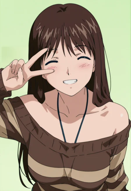 masterpiece, best quality, amazing quality, anime coloring, anime screencap, solo, 1girl,    <lora:DX888KonohaIL:1> edajima konoha, long hair,  brown hair, ^ ^,brown sweater, off-shoulder sweater, striped sweater,, grin BREAK  simple background,  green  background pastel background, BREAK   from above,  v over eye,