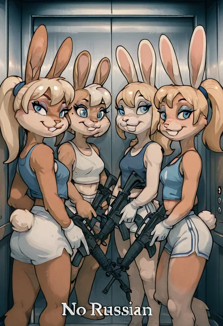 embedding:IllusP0s, no russian, elevator, holding weapon, assault rifle, 4girls, lola, 1girl, solo, rabbit ears, smile, buck teeth, eyeshadow, body fur, scrunchie, blue eyes, blonde hair, breasts, midriff, white gloves, rabbit tail, tank top,white shorts