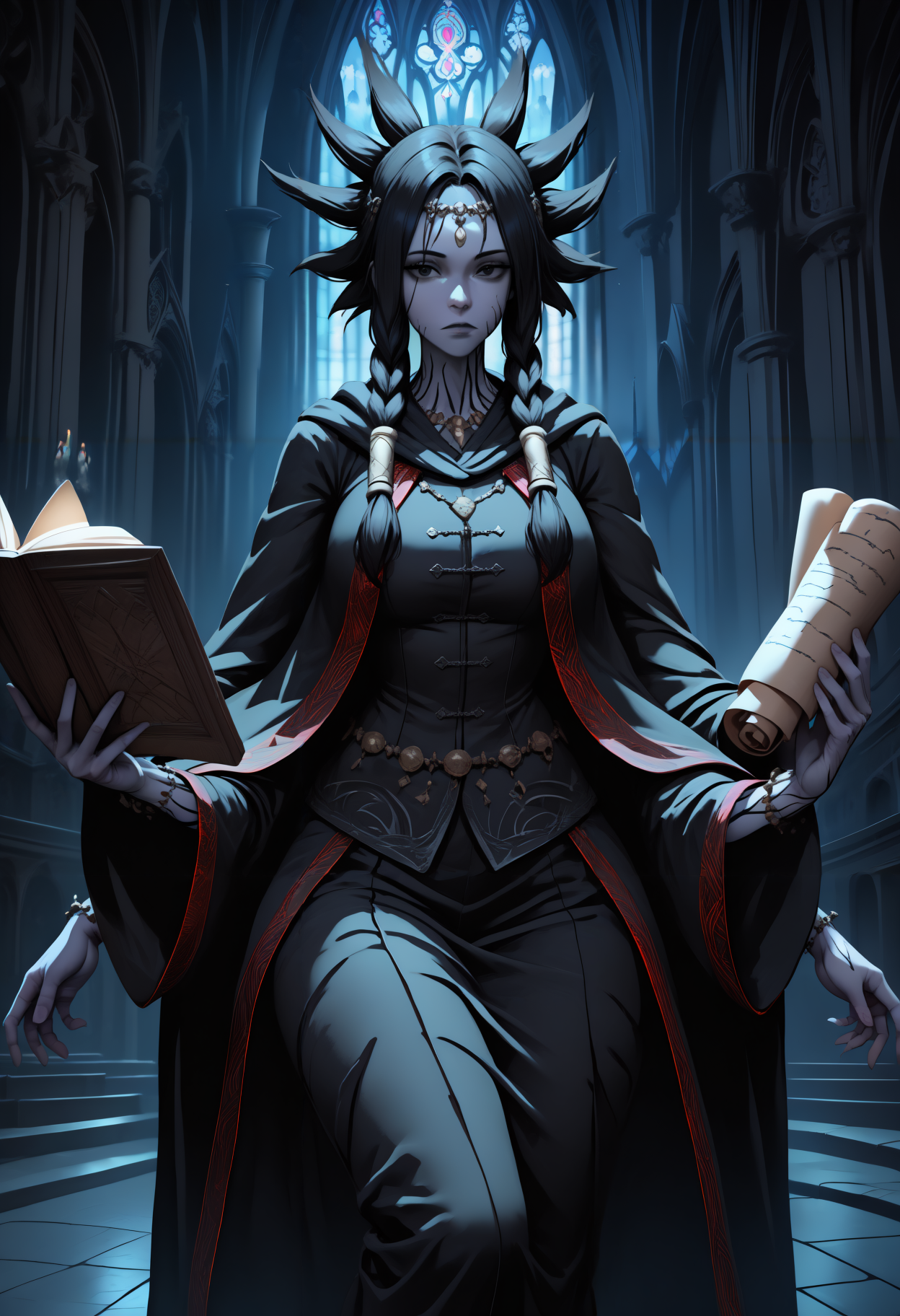 masterpiece, best quality, newest, hdr, dark, night, indoors, church, altar, closed mouth, 1girl, solo, looking at viewer, floating, expressionless, cowboy shot, 
fi0d1, circlet, necklace, black robe, red trim, wide sleeves, long sleeves, black cloak, bracelet, long hair, black hair, twin braids, spiked hair, hair tubes, black eyes, tattoo, facial tattoo, colored skin, grey skin, extra arms, holding book, holding scroll, open book
<lora:Fool's Idol:1>