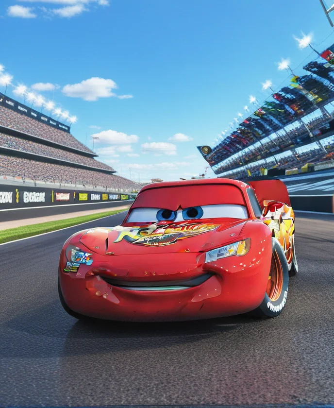 <lora:Lightning_McQueen:0.8>,black lightning_mcqueen,racing stadium,blue sky,sunny day,hot day,hot tarmac,detailed eyes,highly detailed,photography,ultra sharp,film,bokeh,professional,4k,highly detailed,35mm,award-winning photo,