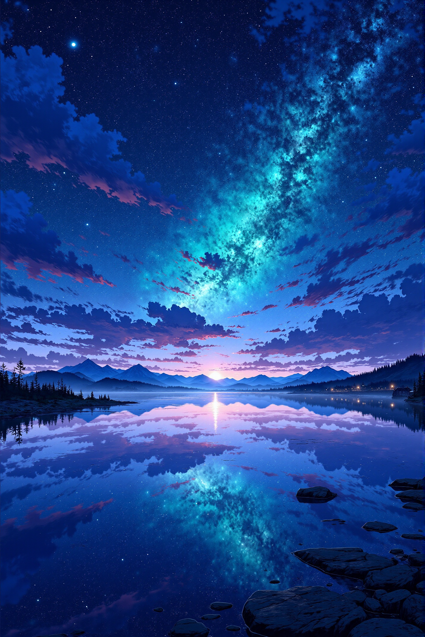 <lora:Vibrantly_sharp_style_v.3:0.8> VibrantlySharp style. A breathtaking celestial display unfolds above a tranquil lake, where the vast expanse of the Milky Way stretches across the heavens, mirrored perfectly on the water's glassy surface. The sky is a luminous spectacle of deep blues, radiant turquoise, and soft lavender hues, blending seamlessly with the warm glow of the distant horizon, where the last remnants of sunset fade into twilight. Billowing clouds, tinged with gentle pink and gold, frame the night sky, adding depth to the cosmic composition. Distant mountain peaks, their dark silhouettes barely visible against the glowing firmament, line the edges of the scene, grounding the celestial dreamscape in a serene, earthly embrace. Scattered village lights dot the shoreline, their reflections flickering in the water like tiny stars fallen from the sky. Rendered in a hyper-realistic, painterly anime style, this image captures the sublime beauty of nature's connection to the cosmos, evoking a profound sense of wonder and infinite possibility.