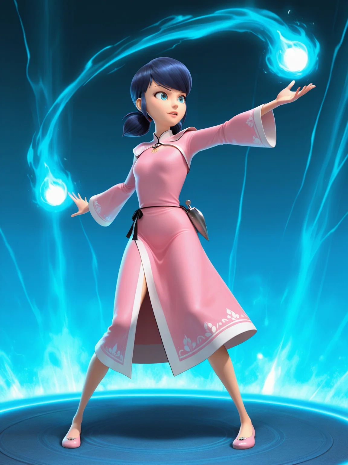 <lora:LedybugIL:0.9>  l_b, 1girl, fair skin,  black hair, shoulder-length hair with pigtails, light pink lips, blue eyes,
magic, magic robe, steel armor,glowing liens, fireball, action, full body, glowing background, magic background