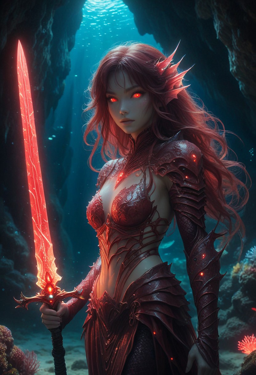 benthic merfolk, hkstyle, glowing sword, underwater cave, red glow, anime, portrait
