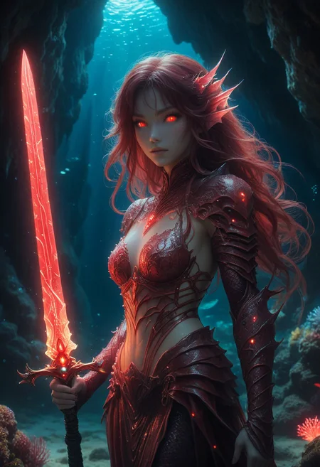 benthic merfolk, hkstyle, glowing sword, underwater cave, red glow, anime, portrait