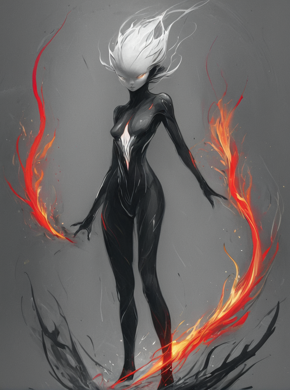<lora:artfullyMENTALITY_SDXL_V1-000001:1> , masterpiece, illustration, sketch, fire elemental, black and white bodysuit,  red energy around  her