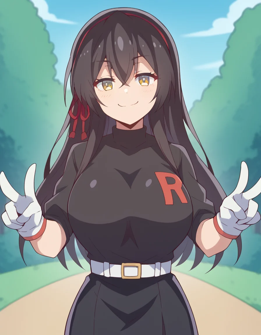 score_9, score_8_up, score_7_up, source_anime, <lora:sayuki-tokihara-s1-ponyxl-lora-nochekaiser:1>, sayuki tokihara, long hair, black hair, ribbon, hair ribbon, yellow eyes, hairband, large breasts,, <lora:team-rocket-uniform-ponyxl-lora-nochekaiser:1>, team rocket uniform, black hat, black shirt, black skirt, white belt, white gloves, single letter,, smile, smug, v, outdoors,, , cowboy shot, dutch angle