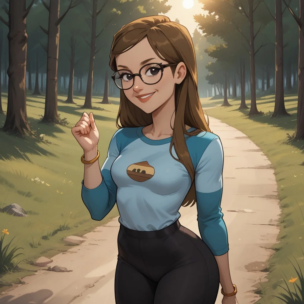 score_9, score_8, BREAK, solo, 1girl, multicolored long sleeves, undershirt, leggings, glasses, brown hair, long hair, black eyes, sneakers, breasts, total drama, Mary_(Total_Drama), tdtrr, cute, bracelet, sexy pose, self portrait, smile, outdoors, sunlight, shadows, evening lighting, natural lighting, forest, trees, grass, orange sky, sunset