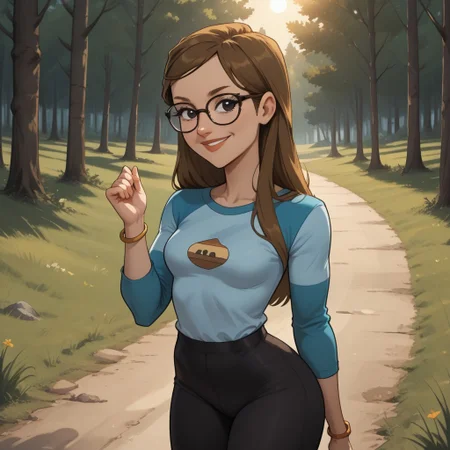 score_9, score_8, BREAK, solo, 1girl, multicolored long sleeves, undershirt, leggings, glasses, brown hair, long hair, black eyes, sneakers, breasts, total drama, Mary_(Total_Drama), tdtrr, cute, bracelet, sexy pose, self portrait, smile, outdoors, sunlight, shadows, evening lighting, natural lighting, forest, trees, grass, orange sky, sunset