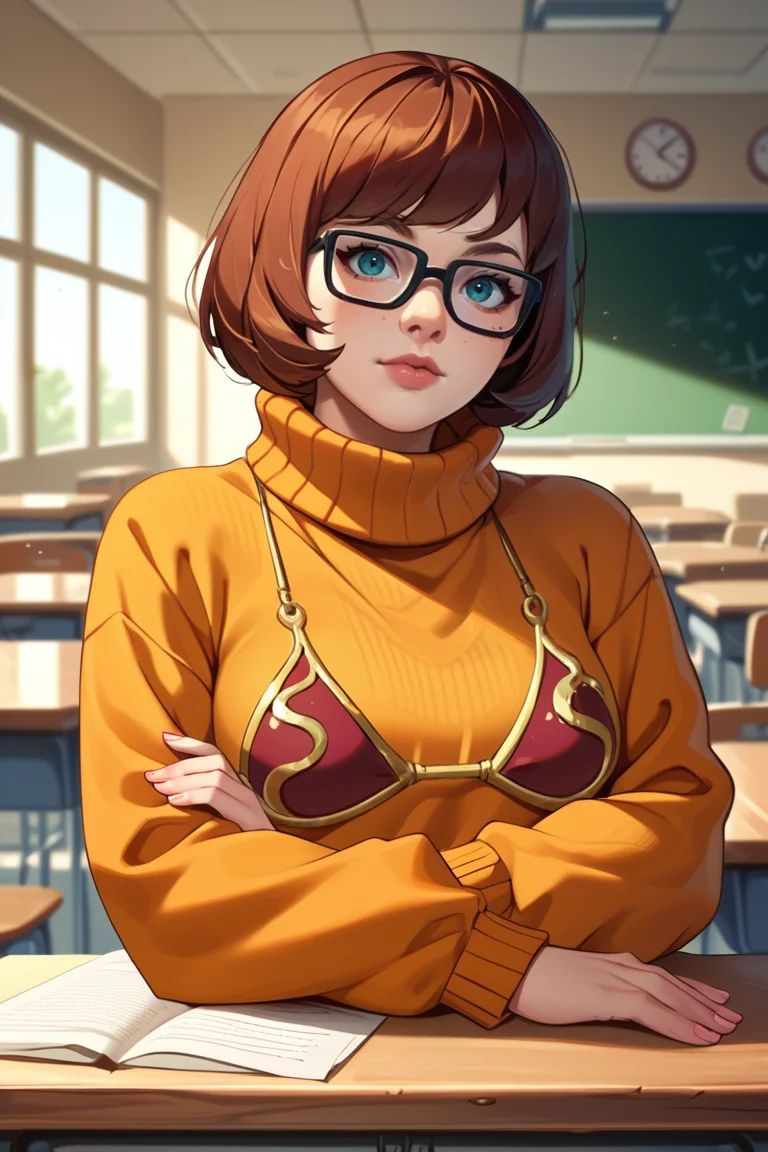 [bikini over clothes:slave leia bikini:5], upper body, rating_safe, score_9,  score_8_up, score_7_up, score_6_up, 1girl, velma, glasses, sweater, , classroom, 
<lora:Slavekini_Pony_XL:1>