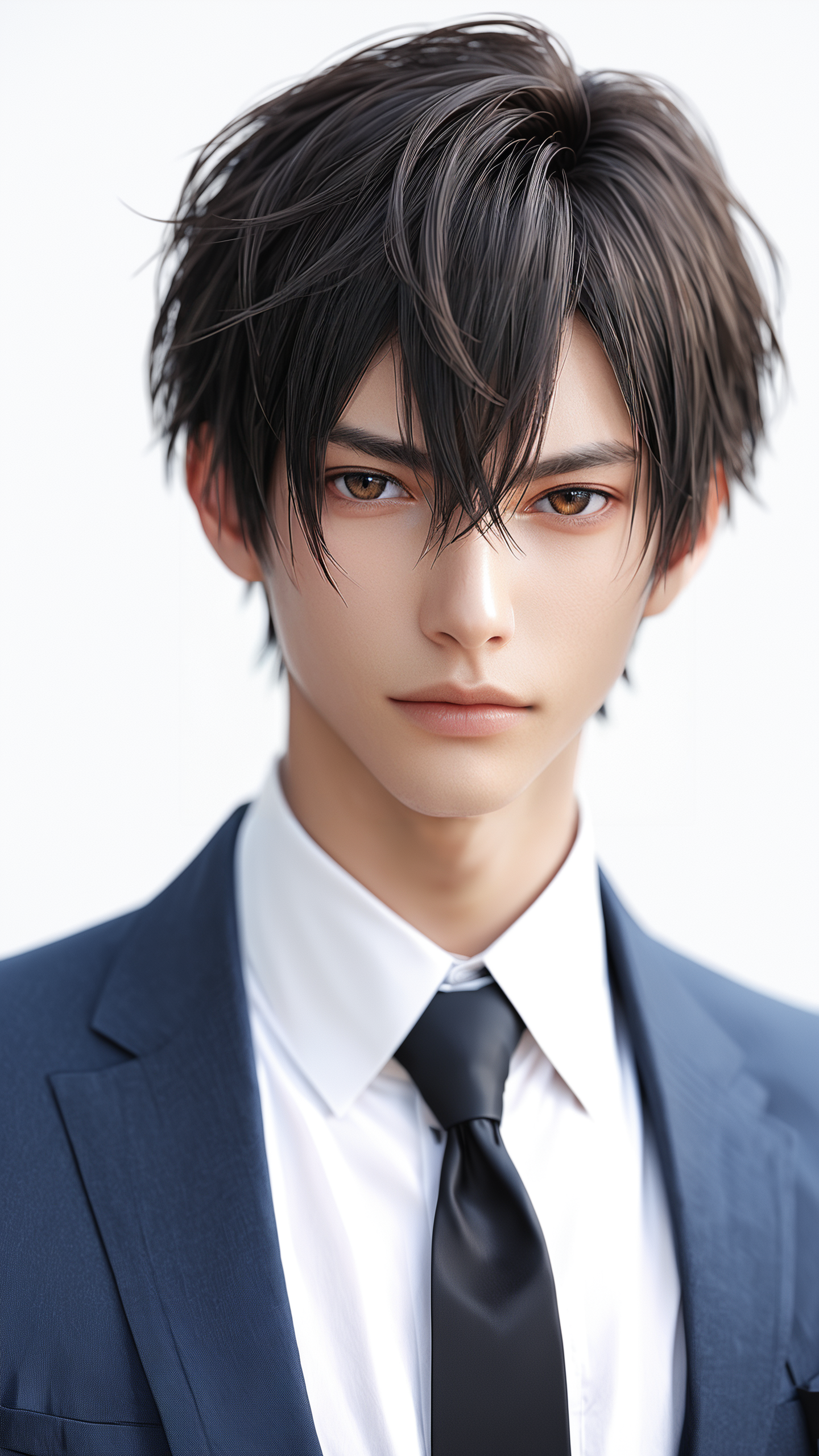 score_9, score_8_up, score_7_up, solo, looking at viewer, short hair, bangs, simple background, shirt, black hair, 1boy, white background, hair between eyes, brown eyes, closed mouth, jacket, white shirt, upper body, male focus, necktie, collared shirt, artist name, formal, portrait, black necktie
