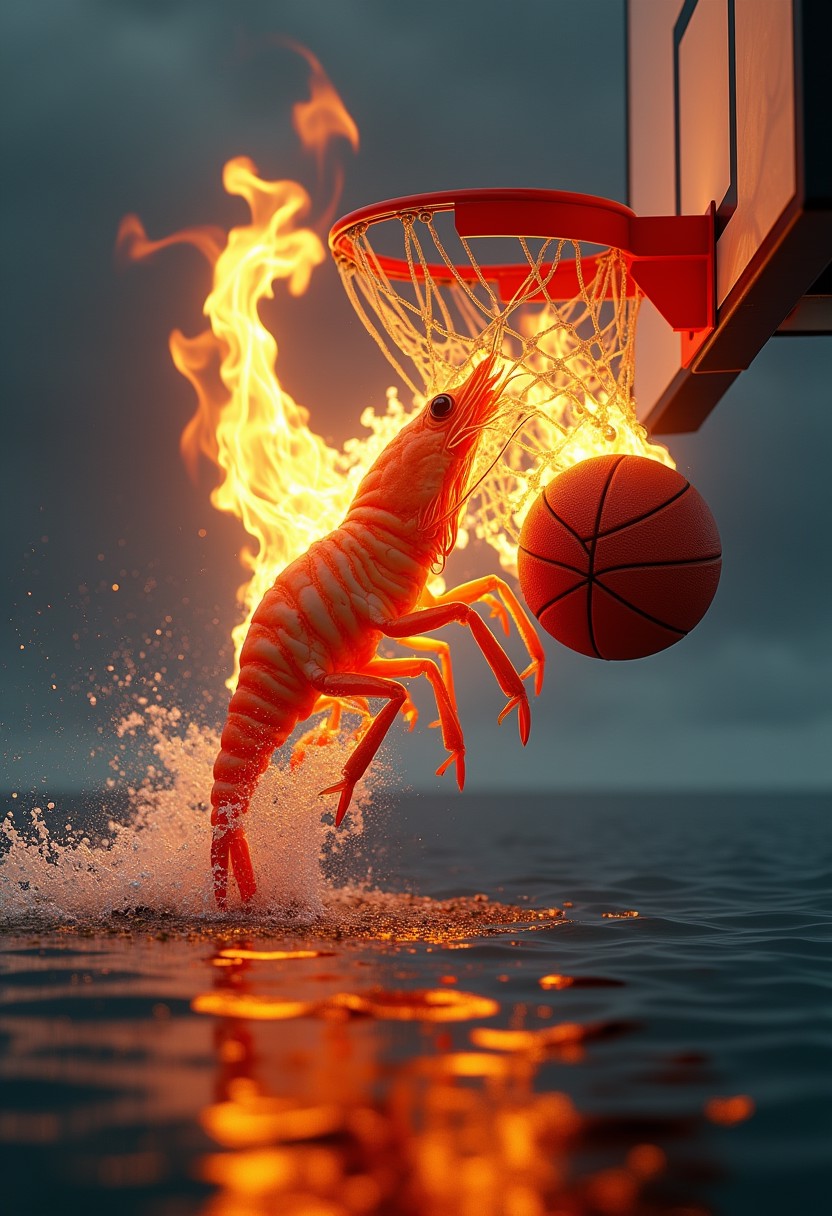 Create a semi-realistic scene of a shrimp on fire, mid-air, dunking a flaming basketball into a basketball hoop. The entire action takes place in the middle of the ocean, with the shrimp and basketball both engulfed in flames. The water around the shrimp reflects the fire, creating a dramatic contrast between the ocean and the fiery action. Ensure the shrimp looks dynamic and the flames are intense, with the ocean environment providing a surreal backdrop. Render in high detail and quality, capturing the motion and energy of the scene.