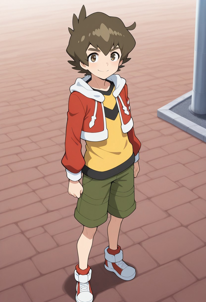 masterpiece,best quality,amazing quality, 
bayamano, 1boy, male focus, solo, brown eyes, brown hair, shirt, yellow shirt, jacket, red jacket, hood, cropped jacket, shorts, green shorts,smile, standing,
outdoor,