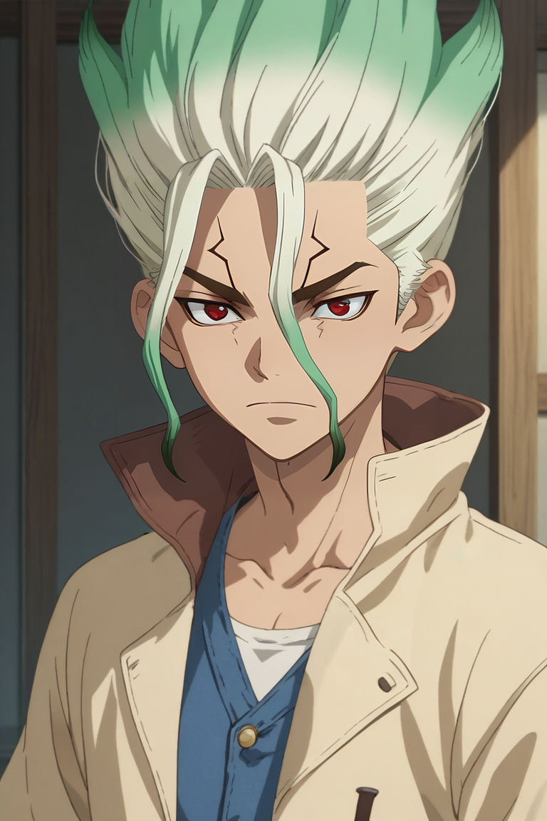 score_9, score_8_up, score_7_up, source_anime, anime screencap, , , , upper body, , 1boy, solo, male focus, <lora:senkuu_ishigami_pony:0.8>, senkuu_ishigami, green hair, red eyes, multicolored hair, two-tone hair, white hair, facial mark, denim jacket,, , , <lora:sdxl_lightning_8step_lora:1>