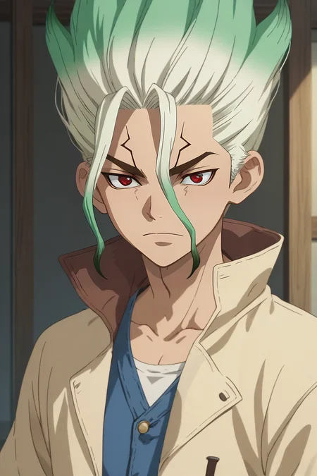 score_9, score_8_up, score_7_up, source_anime, anime screencap, , , , upper body, , 1boy, solo, male focus, <lora:senkuu_ishigami_pony:0.8>, senkuu_ishigami, green hair, red eyes, multicolored hair, two-tone hair, white hair, facial mark, denim jacket,, , , <lora:sdxl_lightning_8step_lora:1>