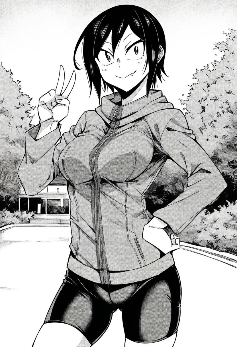 score_9, 1girl, solo, h1t0miMT, black hair, short hair, jacket, bike shorts, medium breasts, looking at viewer, smile, fang, cowboy shot, hand on own hip, v, outdoors, manga, monochrome