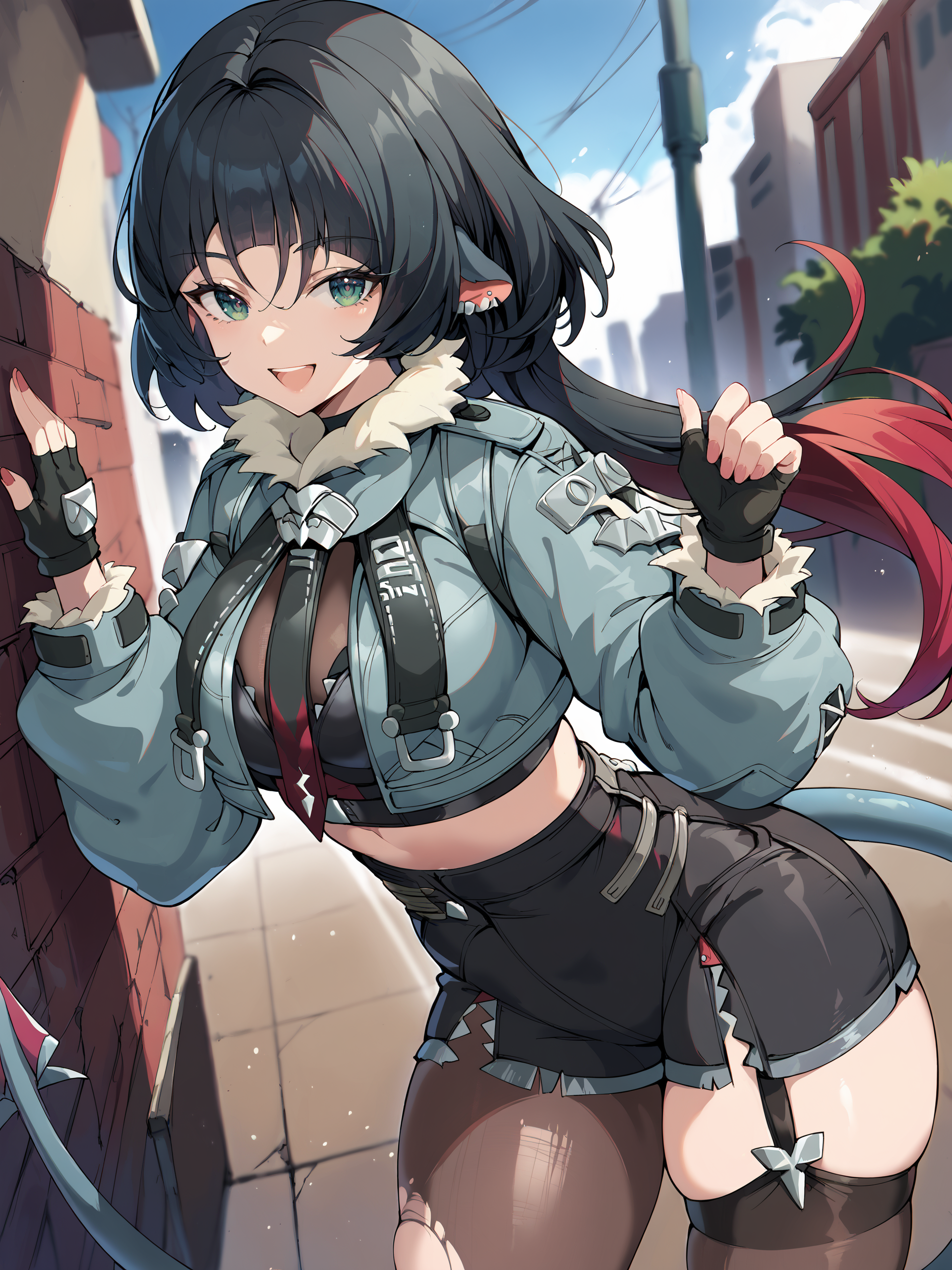 1girl, jane doe \(zenless zone zero\), fingerless gloves, black shorts, tail, cropped jacket, single garter strap, single leg pantyhose, single thighhigh, necktie, long hair, looking at viewer, smiling, open mouth, street, outdoors, depth of field, standing, cowboy shot <lora:Char-ZZZ-JaneDoe-V1-Pony:1> score_9, score_8_up, score_7_up, source_anime