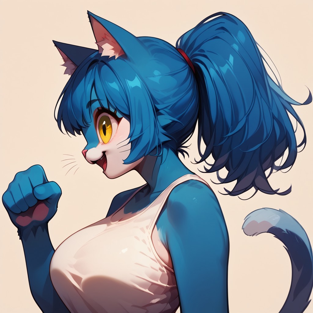 Audr3yC4t, c4toony style, Blue anthro cat, blue hair, blue fur, ponytail, bangs, yellow eyes, big eyes, perfect hands, pink cat nose, animal ear fluff, tail, solo, profile, score_9, score_8_up, score_7_up, score_6_up, source_anime, face focus, Standing, looking left, big smile, open mouth, Large breasts, White shirt, tank top,