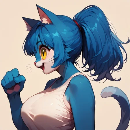 Audr3yC4t, c4toony style, Blue anthro cat, blue hair, blue fur, ponytail, bangs, yellow eyes, big eyes, perfect hands, pink cat nose, animal ear fluff, tail, solo, profile, score_9, score_8_up, score_7_up, score_6_up, source_anime, face focus, Standing, looking left, big smile, open mouth, Large breasts, White shirt, tank top,
