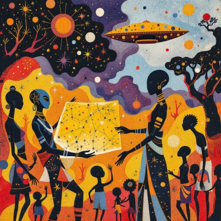 tribal ethnic abstract organic indigenous, elegant extraterrestrial being meeting with people of Dogon tribe surrounding welcoming, holding chart of stars, painting made of natural dyes on textured textile cloth, style of Mali West-Africa, comprised of primitive abstract organic forms with vibrant natural colors, overhead spaceship from Sirius dogstar
