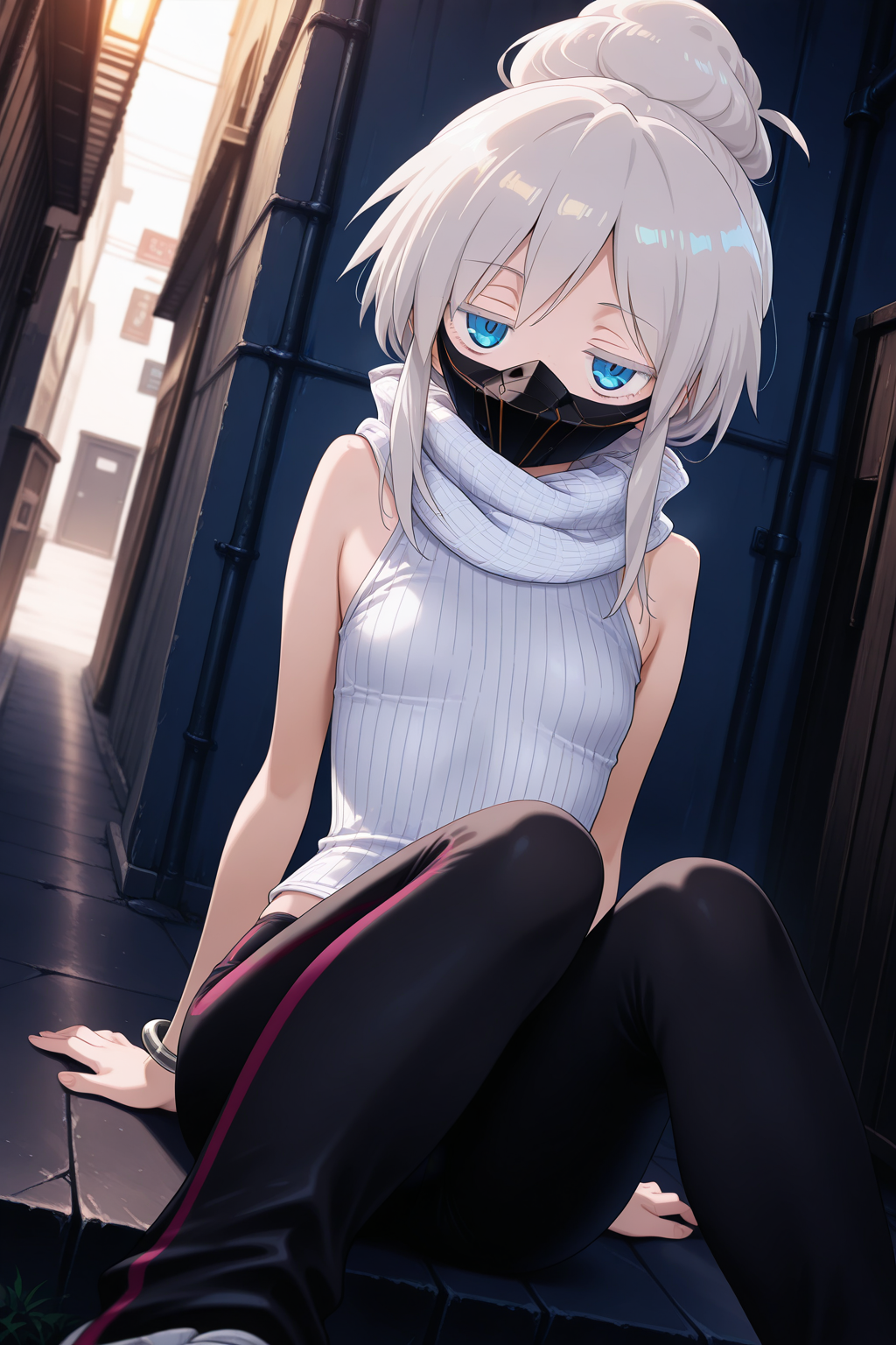 1girl,
DeuxMurasameGundamGQ, DMNormalOutfit,
general, solo, perspective, 
grey hair, blue eyes, colored eyelashes, collarbone,
jitome,
mouth mask,
white scarf, plaid, sleeveless shirt, white shirt, bangle,
black leggings, 
looking at viewer, sitting, swinging legs, arm support,
back alley, neon,
depth of field,
<lora:kp_DeuxMurasameGundamGQIllustrious_v1_1:1.0>,
masterpiece, best quality, amazing quality