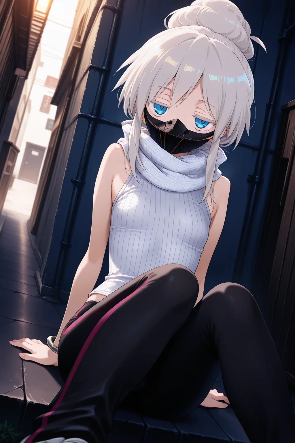 1girl,
DeuxMurasameGundamGQ, DMNormalOutfit,
general, solo, perspective,
grey hair, blue eyes, colored eyelashes, collarbone,
jitome,
mouth mask,
white scarf, plaid, sleeveless shirt, white shirt, bangle,
black leggings,
looking at viewer, sitting, swinging legs, arm support,
back alley, neon,
depth of field,
<lora:kp_DeuxMurasameGundamGQIllustrious_v1_1:1.0>,
masterpiece, best quality, amazing quality