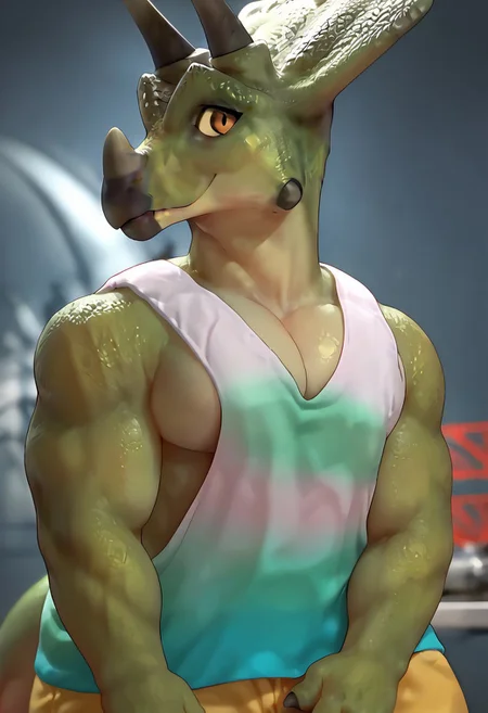 score_7_up, score_8_up, score_9, triceratops, dinosaur, green scales, horns, nose horn, tank top with gradient colors, big pecs, muscular, front view, smiling, face shot
