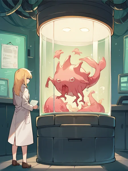 score_9, score_8_up, score_7_up, score_6_up, source_anime, BREAK <lora:stasis_tank_v0.3-pony:1>
1girl, blonde hair, standing, lab coat,
stasis tank, creature in container,