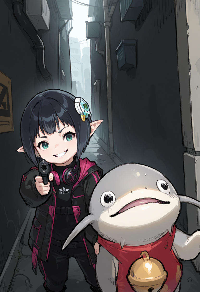 1girl aiming at 1other,alley,at gunpoint
<lora:sr1ot:0.8>1girl,Sr1ot,short hair,black hair,hair ornament,green eyes,pointy ears,headphones around neck,lalafell,black jacket,black pants,solo,smug,grin,v-shaped eyebrows,gun,holding,aiming
1other,namazu,no humans,scared,sweatdrop,bell,arms up<lora:namazuIL4:1> very awa, masterpiece, best quality, amazing quality, very aesthetic, absurdres, sensitive, newest <lora:spo_sdxl_10ep_4k-data_lora_webui:0.7>,