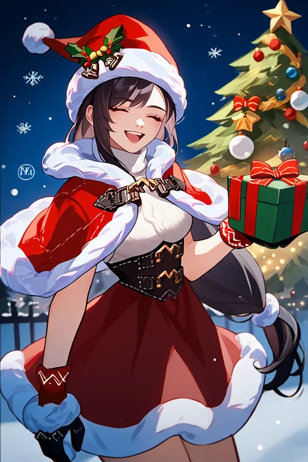 score_9, score_8_up, score_7_up, score_6_up, source_anime, 1girl, solo, <lora:tifa-pdxl-nvwls-v1-000005:1> xmasTif, red eyes, black hair, low-tied long hair, santa hat, red capelet, fur trim, white turtleneck sweater, corset, fur-trimmed gloves, red skirt, fur-trimmed boots, holding gift bow, closed eyes, happy, open mouth, looking at you, christmas tree, snow