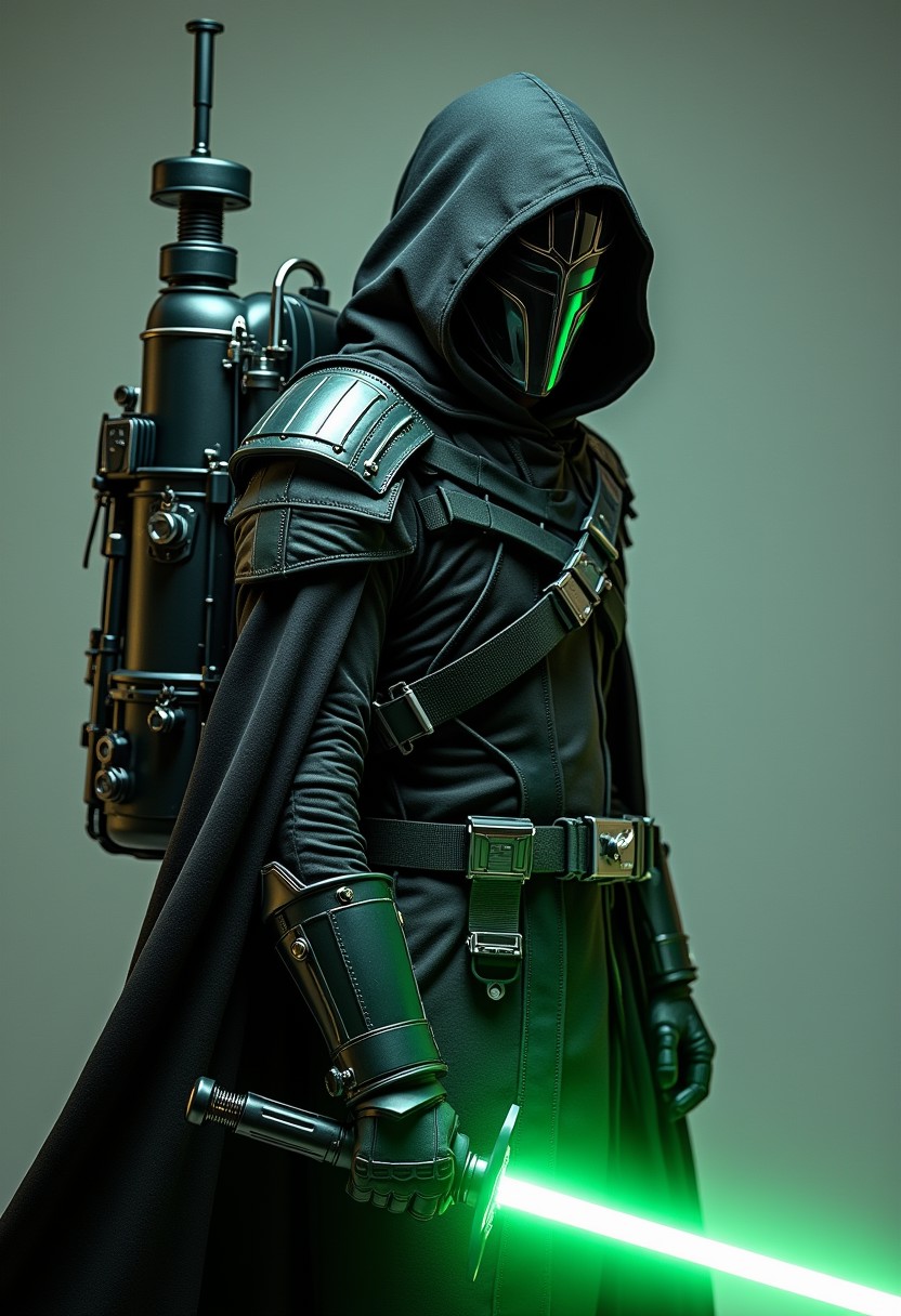 hooded cyber wizard, shoulder guard, green led gauntlet, utility belt, mechanical backpack, helmet, light saber