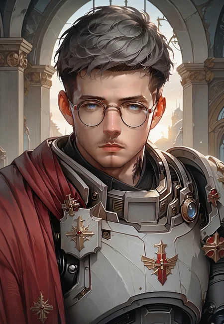 (score_9, score_8_up:1.1), score_7_up, ((zPDXL3)), ((SimplePositiveXLv2)), (OZRN, digital art), b0, <lora:PonyGreyK40k:0.9>, ((GreyK40k)), masterpiece, volumetric lighting, ray tracing, source-fantasy, (((half portrait))), looking at viewer, 1 male, 25 years old, adult male, masculine, masculine features, male focus, solo, (((gray hair, undercut, very-short hair))), (((short hair))), ((round eyeglasses)), handsome, slender, scholarly, intellectual, blue eyes, (((brown stubble, stubble))), facial hair, stubble, ((heavy stubble, facial hair)), ((short grey hair)), ((power armor, GreyK40k power armor)), ((brown-fur shawl, red cloak, fur cape on his back)), intricate armor, textured skin, fantasy city street, (3-frame sketch), raw lighting, volumetric lighting, cinematic lighting, aesthetic design, dramatic angle, dramatic framing, cinematic framing, posing at an angle,
urn:air:sdxl:lora:civitai:595599@665295, urn:air:sdxl:lora:civitai:922479@1032576