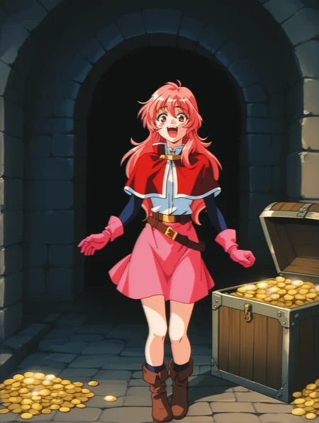 score_9, score_8_up, score_7_up, <lora:words-worth-ponyxl-000009:0.8> n11na, capelet, pink gloves, belt, pink skirt, dungeon, treasure chest, excited, gold coin, shining, dim lighting