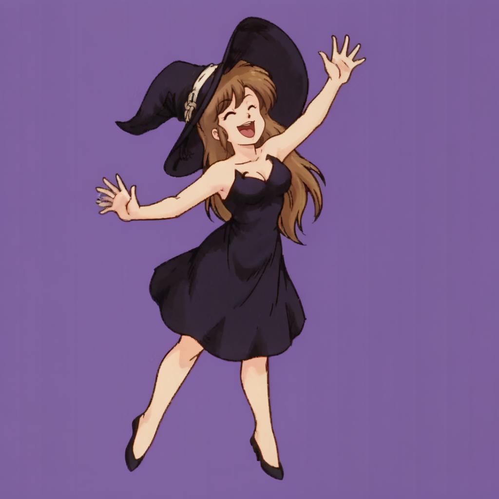 dancing, laughing, simple background,  <lora:Ranma_One_Half:1> <lora:Deneb_Rove_Ogre_Battle_-_Character_PonyXL:0.7> denebrove, witch hat, black dress,