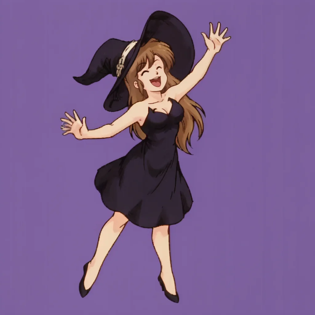 dancing, laughing, simple background, <lora:Ranma_One_Half:1> <lora:Deneb_Rove_Ogre_Battle_-_Character_PonyXL:0.7> denebrove, witch hat, black dress,
