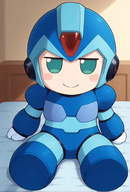 masterpiece,best quality,amazing quality,very aesthetic, anime coloring,depth_of_field, solo,megax,green_eyes, blue_helmet, blue_armor, blue_bodysuit, arm_cannon, white_gloves, blue_boots,no pupils, (((chibi))), (((fumo))), sitting, fumo, indoors,bed,happy,:)