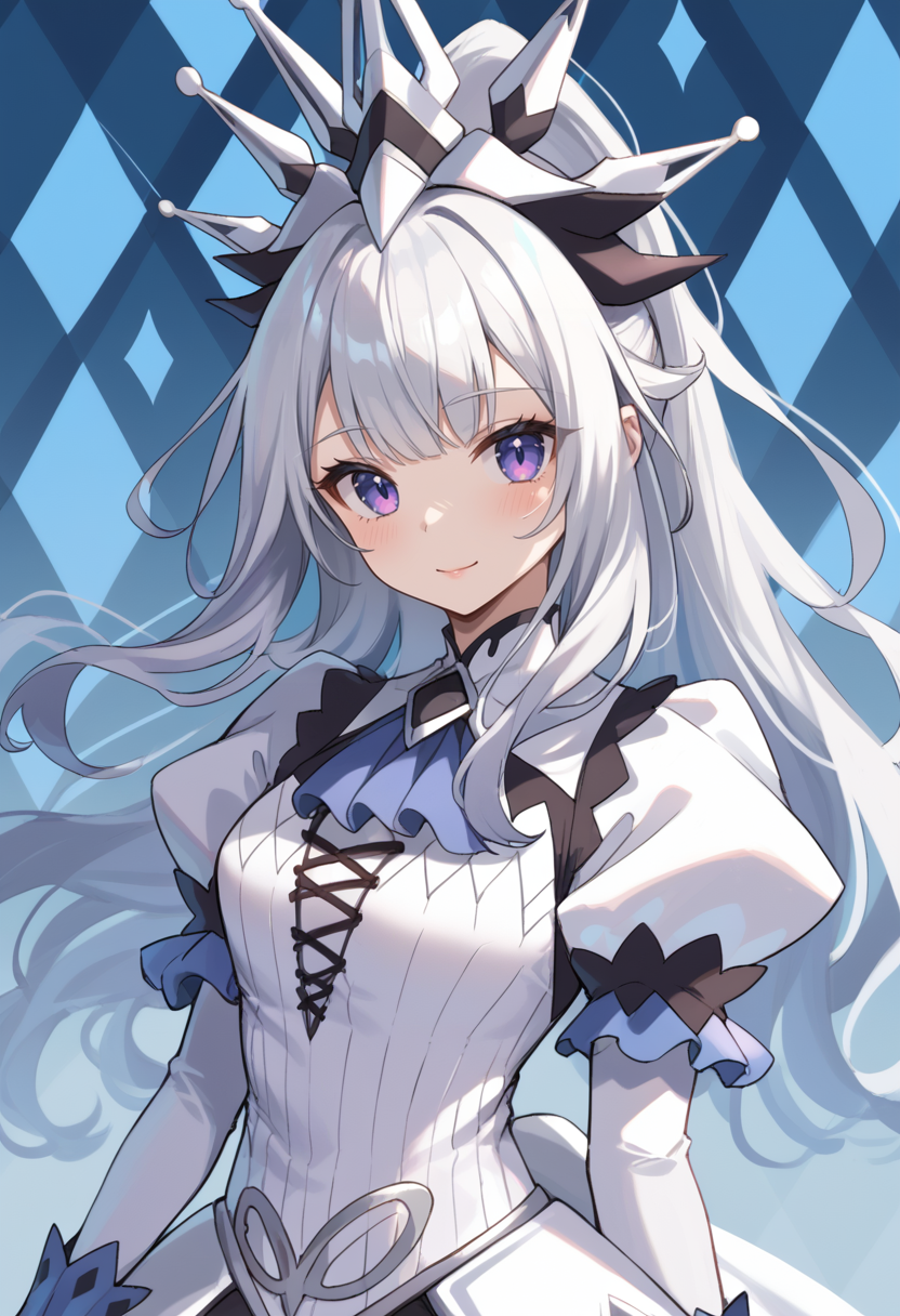 (score_9:0.9),score_8_up,score_7_up,rating_safe,anime style,(zPDXL),(zPDXL3),<lora:MALICE Queen White Binder ponyXL v1:0.56>,mâlice queen white binder,1girl,solo,looking at viewer,white dress,closed mouth,silver crown,white juliet sleeves,blue ascot,argyle background,