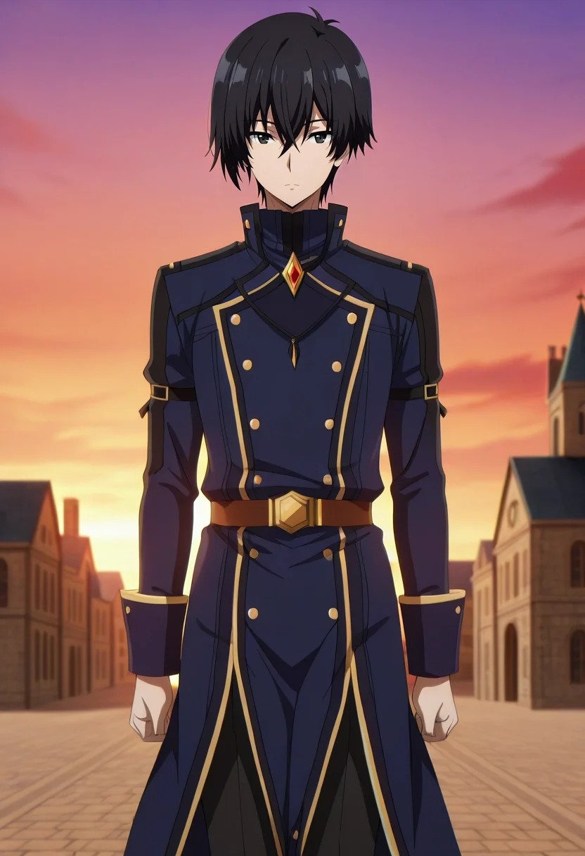 masterpiece, best quality, intricate details, anime screencap, anime coloring, official style,, 1boy, solo, male focus, <lora:cid_kagenou_ilxl:1>, cid_kagenou, black hair, short hair, hair between eyes, bangs, black eyes, cowboy shot, mont saint michel, dusk, knees together feet apart, expressionless, fairy tale costume