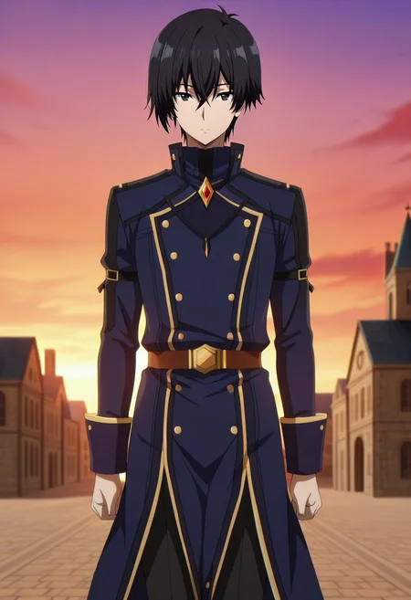 masterpiece, best quality, intricate details, anime screencap, anime coloring, official style,, 1boy, solo, male focus, <lora:cid_kagenou_ilxl:1>, cid_kagenou, black hair, short hair, hair between eyes, bangs, black eyes, cowboy shot, mont saint michel, dusk, knees together feet apart, expressionless, fairy tale costume