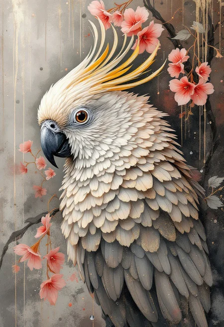 A random mesmerizing and captivating artwork of a delicate ara (a type of parrot), expertly crafted using impasto and metallic alcohol wash techniques. The artist masterfully employs a palette of dark to light shades of beige, gray, and ivory, creating a dynamic depth and dimension. The metallic elements scatter light, producing a shimmering effect that significantly enhances the artwork's visual impact. In the background, smudgy grays and corals are intertwined with rain, adding to the dramatic and stylish atmosphere.