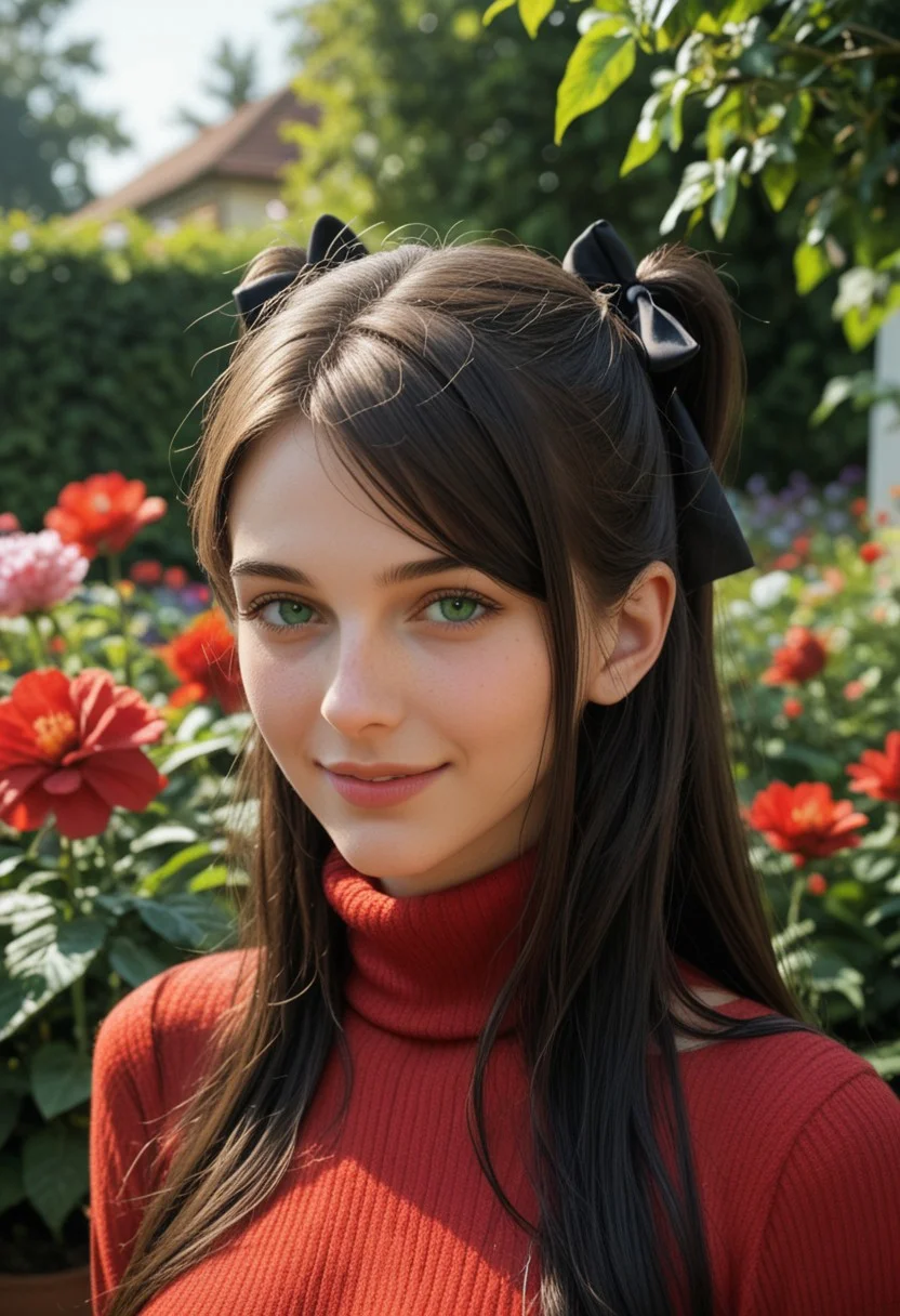 score_9_up, score_8_up, score_7_up, score_6_up, 1girl, 25 years old, perfect face, (adult), sexy, 
green eyes,
detailed face, portrait, face focus, depth of field, looking at viewer, blush, shy smile, close up, 
black hair, long hair, hair intakes, two side up, hair bow, black bow, 
red sweater, turtleneck sweater, 
garden, flowers,