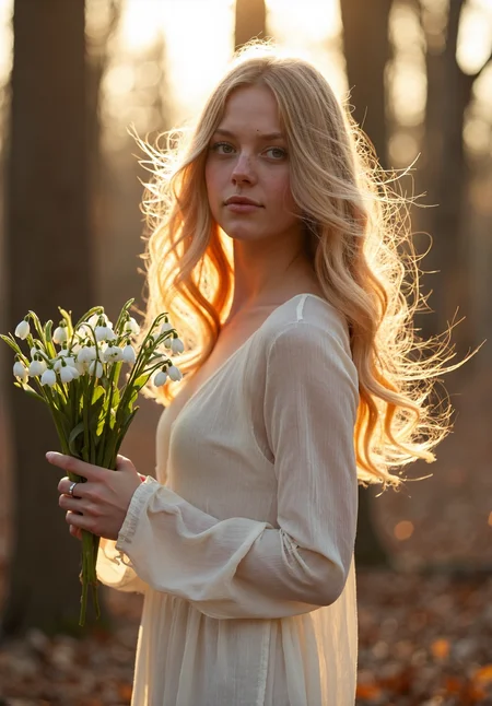sony_a7III professional style photo, young woman, early 20s, looking at the viewer, shy smile, blonde wavy hair floating under the wind, fair skin, green eyes, wearing a loose cream-colored long-sleeve dress, standing in a forest with bare trees, holding a small bouquet of white snowdrop flowers, golden sunlight filtering through trees, backlit effect, warm glow on hair and skin, floating embers and leaves in the air, bright lighting casts lens flares, powerfull wind, in motion, dynamic angle