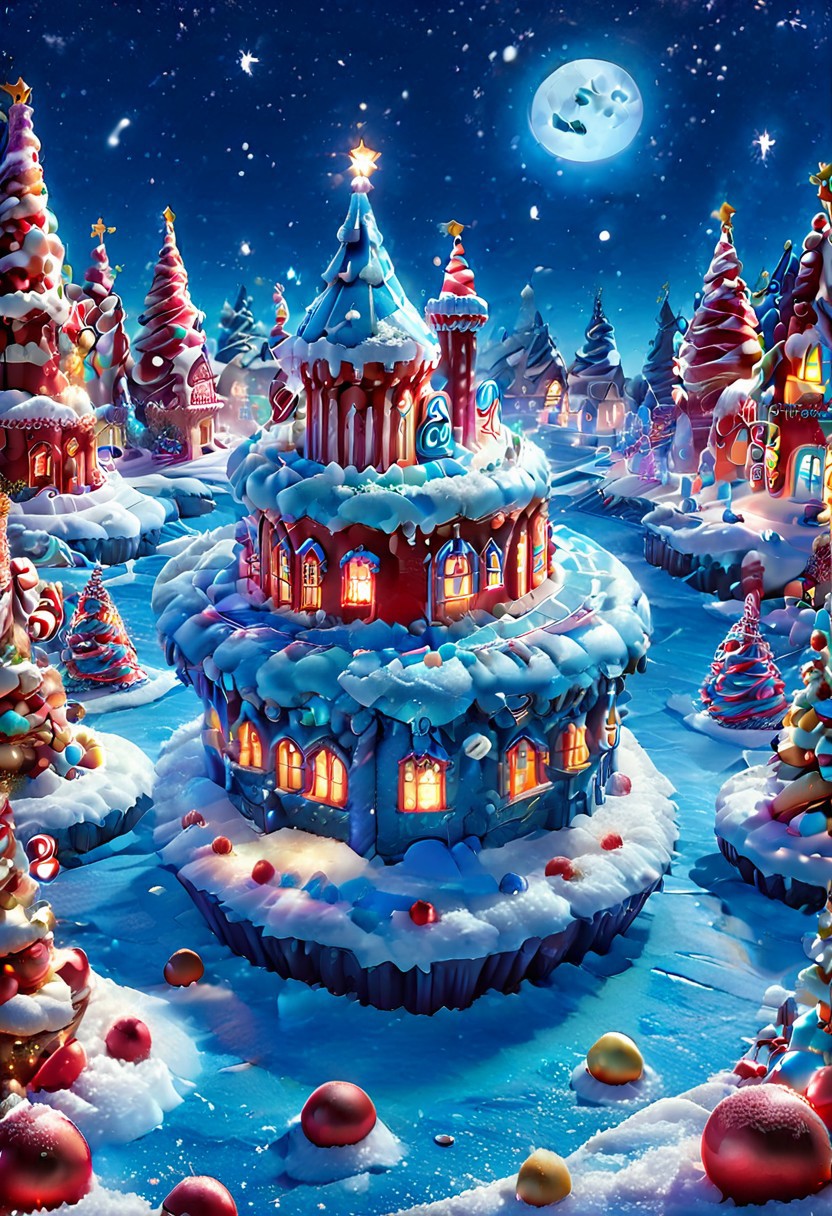 matchcraft floating island, castle, Christmas tree in the center of the floating island, red floating gifts, a Christmas castle on the floating island, at night, blue light, blue moon, snow, snowing, Christmas,Candy Land