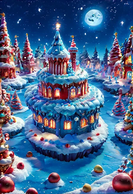 matchcraft floating island, castle, Christmas tree in the center of the floating island, red floating gifts, a Christmas castle on the floating island, at night, blue light, blue moon, snow, snowing, Christmas,Candy Land