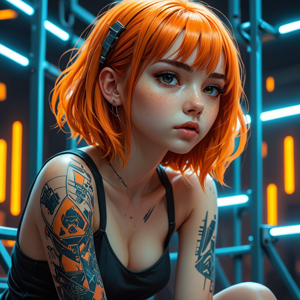manga style, hyper-detailed portrait of a full-body girl sitting on a steel ladder, profile, cyberpunk, (Mindful Machine Art style, Ilya Kuvshinov, Anna Dittmann), geometric tattoos, perfect orange eyes, direct gaze, bright colors, very contrast high, side lighting, straight orange hair, medium long hair, straight bangs, hair that covers half of the face, blue tones, background with neon structures, hyper-realistic, 3D rendering, 4K