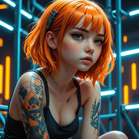 manga style, hyper-detailed portrait of a full-body girl sitting on a steel ladder, profile, cyberpunk, (Mindful Machine Art style, Ilya Kuvshinov, Anna Dittmann), geometric tattoos, perfect orange eyes, direct gaze, bright colors, very contrast high, side lighting, straight orange hair, medium long hair, straight bangs, hair that covers half of the face, blue tones, background with neon structures, hyper-realistic, 3D rendering, 4K