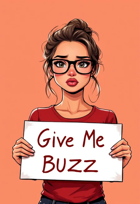 A digital illustration of a beautiful woman in an ironman tshirt and thick glasses, she is sticking her bottom lip out sadly and holding up a sign, she gives puppy dog eyes trying to get sympathy from the viewer. The sign says, "Give Me Buzz"